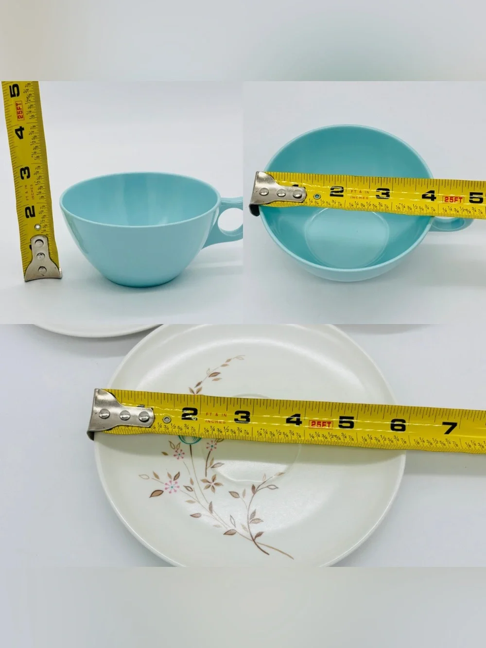 Vintage Lenox Ware Aqua Melamine Tea Cup Saucer Set 8 Floral Mid Century MCM USA